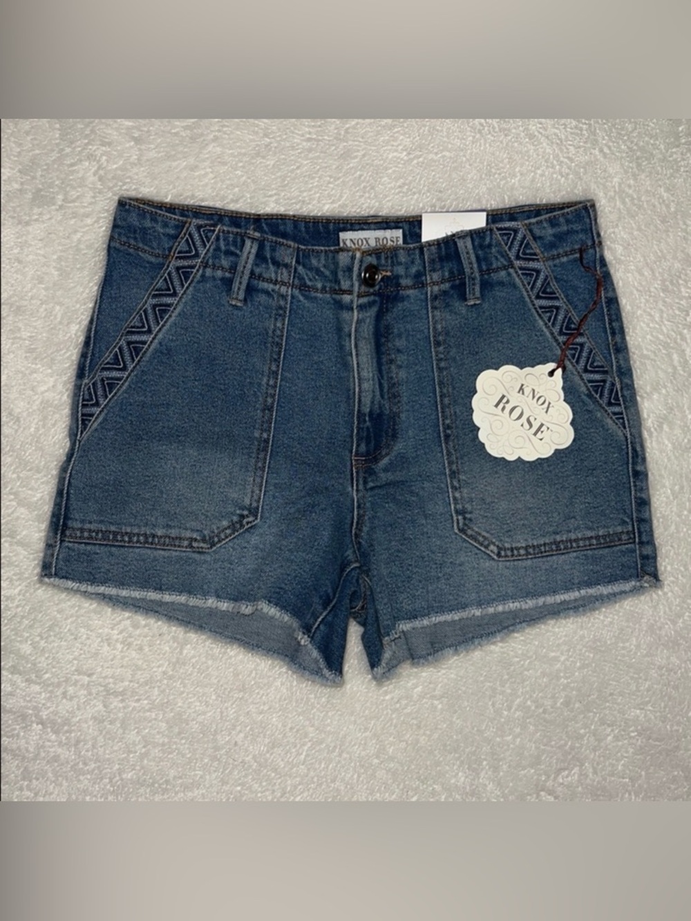 Knox Rose Mid-Rise Embroidered Denim Cutoff Shorts